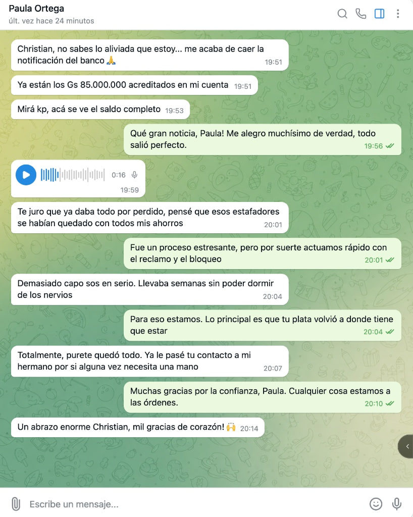 Conversación de WhatsApp con Paula Ortega confirmando la recuperación de Gs 85.000.000