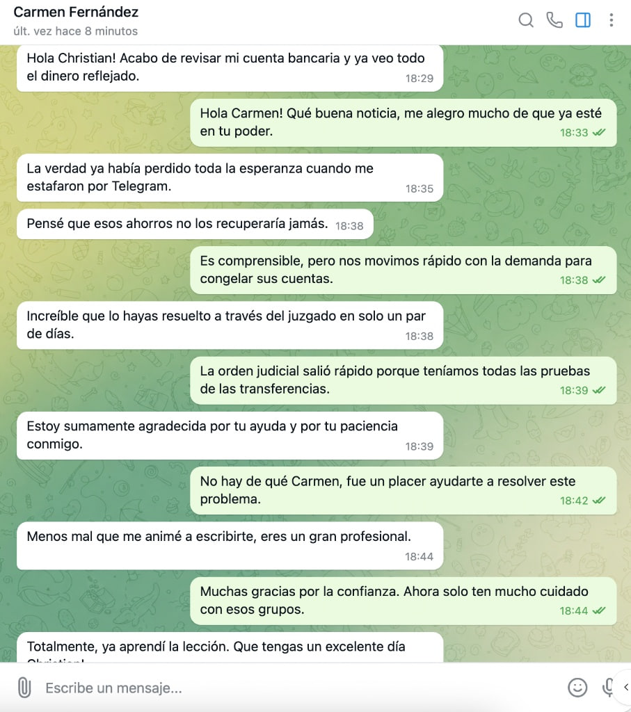 Conversación de WhatsApp con Carmen Fernández tras una estafa por Telegram