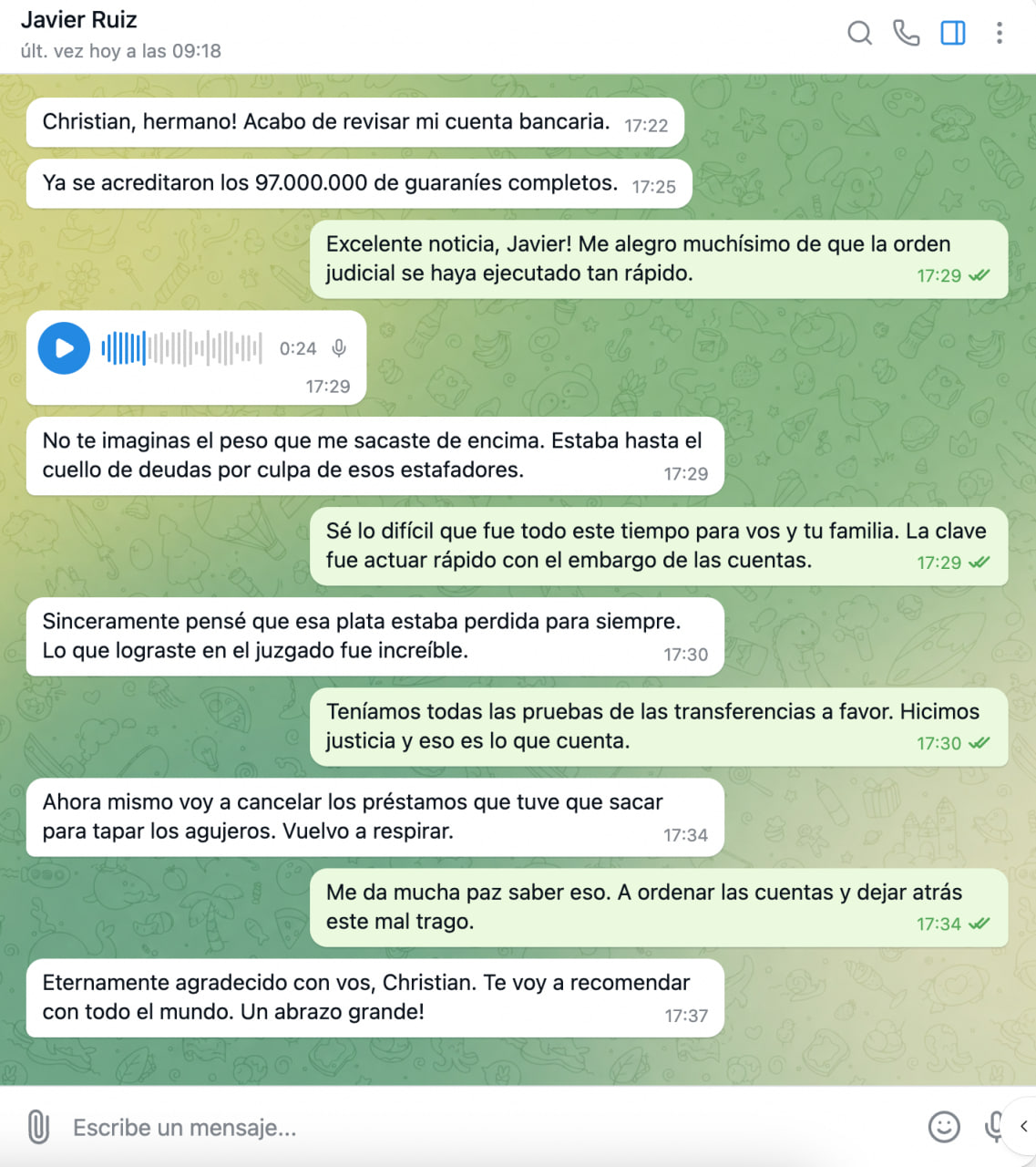 Conversación de WhatsApp con Javier Ruiz confirmando la recuperación de Gs 97.000.000